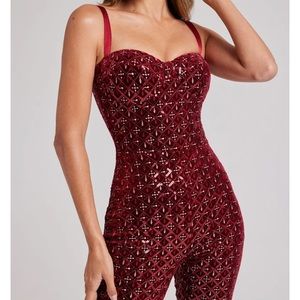 Nadine Merabi Red Sparkle Jumpsuit